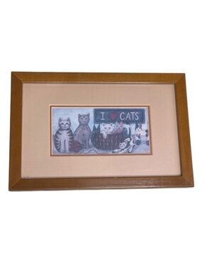 Vintage 90s Folk Art Style Cat Art Print I Love Cats Tan Brown Real Wood Frame